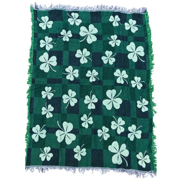 Vintage Irish Themed Shamrock Tapestry Throw Blanket Double Sided Checkered - Picture 1 of 5